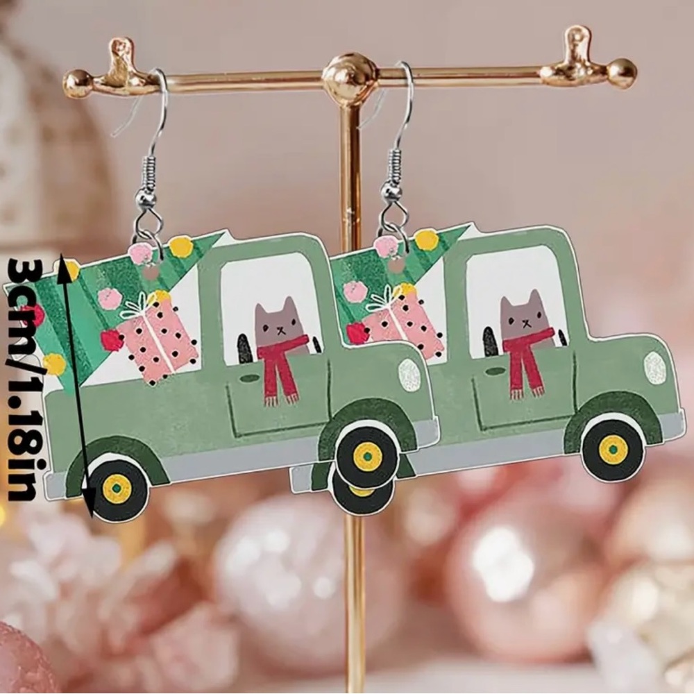 Holiday Green Truck with Christmas Tree  Earrings Kitty Cat Driver - Picture 4 of 5